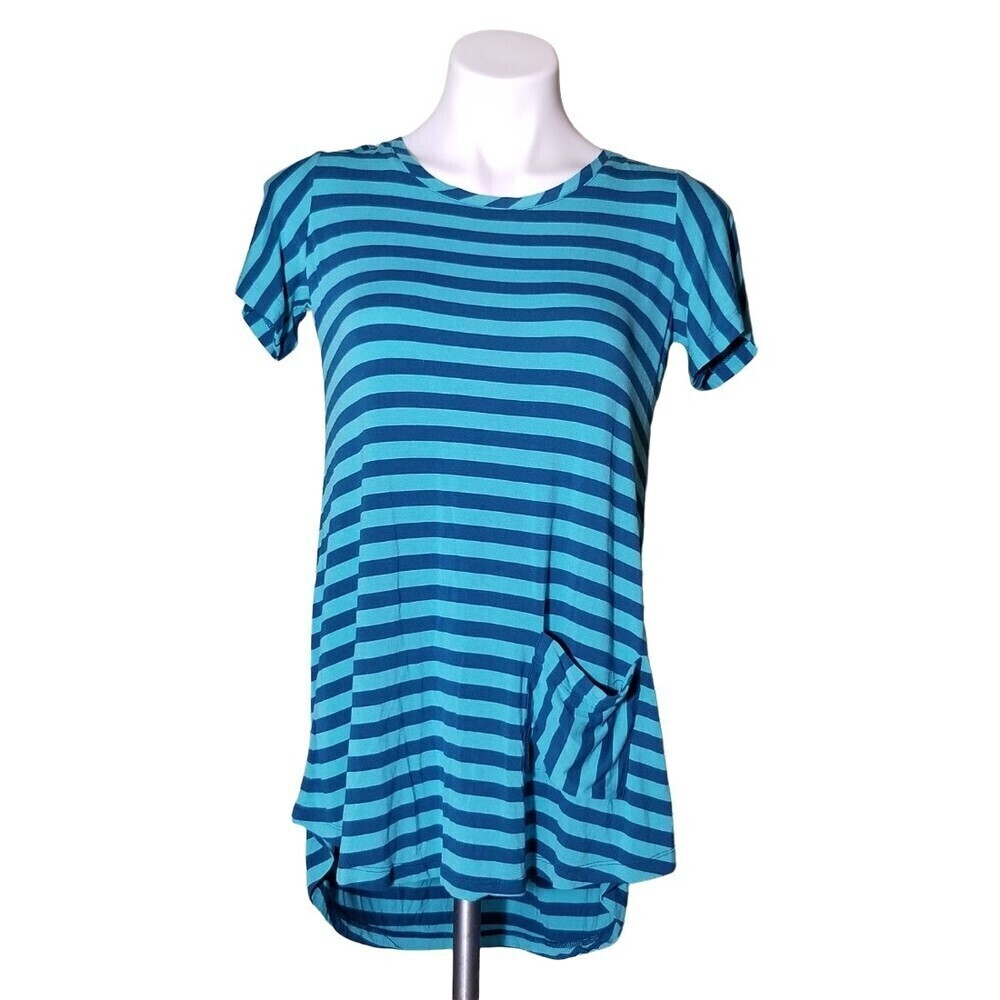 Logo Lori Goldstein Rayon Blend Navy Blue Striped Short Sleeve Blouse Top XSmall